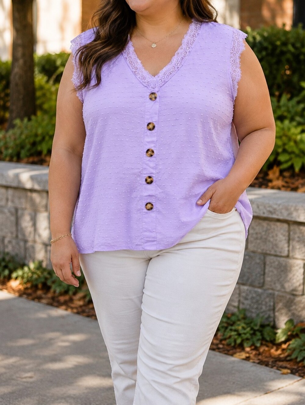 Warehouse One 100% Rayon Lavender Swiss Dot Lace Trim Button Front Blouse Boho